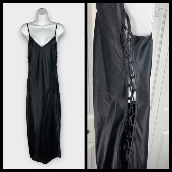 Y2K Victorias Secret Black Satin Slip Dress M 90s Lingerie Dress Side Lace-Up - Picture 1 of 7
